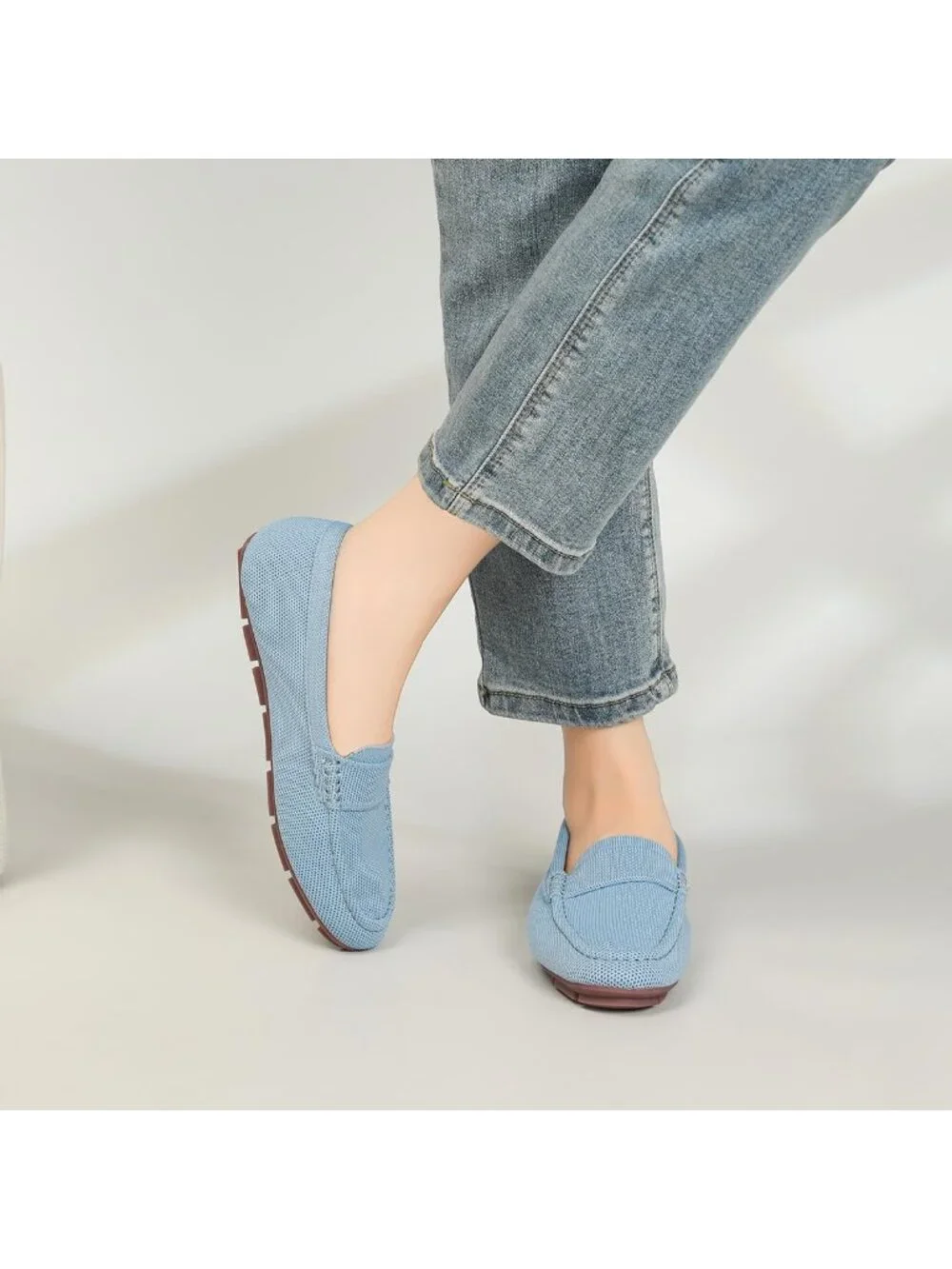 🆕Women's Light Blue Lightweight Knitted Loafers Casual Flat Shoes Comfortable